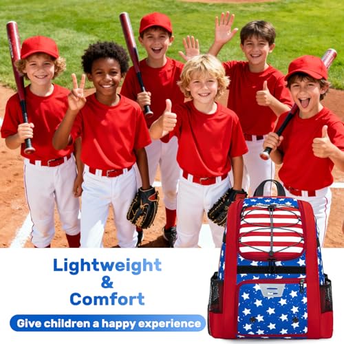 KAVIGOR Youth Baseball Bag, Softball Bag for Girls & Boys, Kids Tball Backpack with Shoes Compartment - color: Red White & Blue