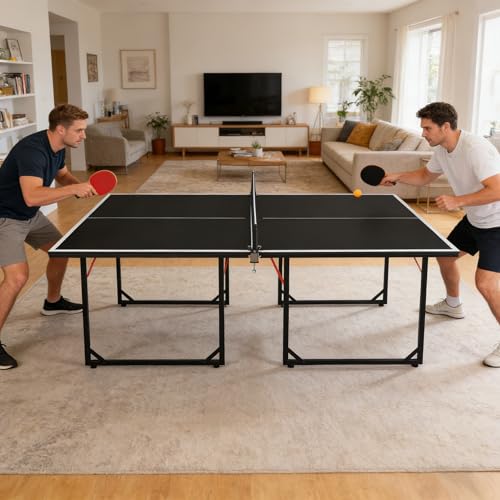 6x3ft Ping Pong Table, Mid-Size Portable Table Tennis Table Set with Net, 2 Table Tennis Paddles and 3 Balls for Kids & Adults, Not Full Size, Space-Saving Design