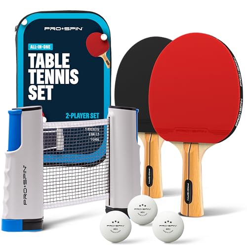 PRO-SPIN Portable Ping Pong Set with Retractable Ping Pong Net for Any Table, All-in-One Table Tennis Set with Ping Pong Paddles, Balls & Case, Table Top Family Game - color: 2-Player Set | Active Red