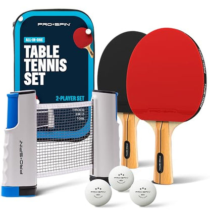 PRO-SPIN Portable Ping Pong Set with Retractable Ping Pong Net for Any Table, All-in-One Table Tennis Set with Ping Pong Paddles, Balls & Case, Table Top Family Game - color: 2-Player Set | Active Red
