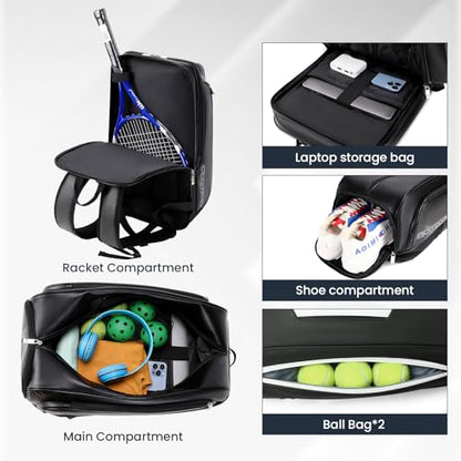 Tennis Racket Bag Pickleball Padel Backpack With Shoe Compartment, Laptop Sleeve,Fence Hook,Ball Sleeve - color: Black