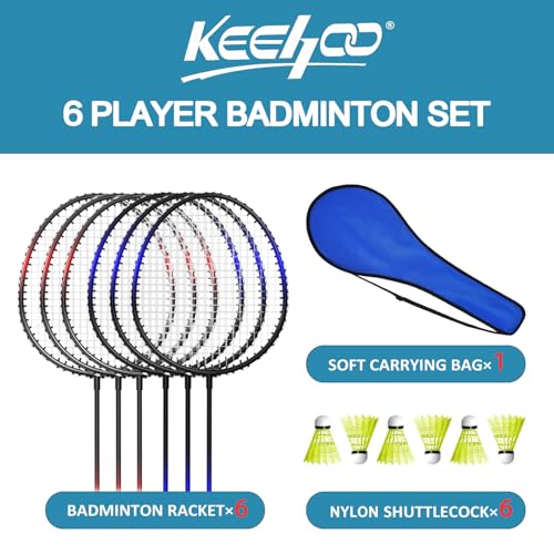 KH Badminton Rackets Set of 2 4 6 for Adults Kids,Beach Lawn Backyard Game Outdoor Sports,Racquets,Shuttlecocks & Carry Bag Included - color: Black, Red, Blue (6 Player)