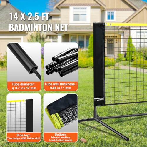 VEVOR Badminton Net, Height Adjustable Volleyball Net, Wide Foldable Pickleball Net, Portable Easy Setup Tennis Net Set with Poles, Stand and Carry Bag, for Kids Backyard Game Indoor Outdoor Use - size: 14ft