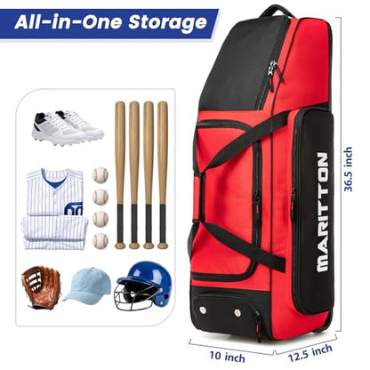 Rolling Baseball Catchers Gear Bag with Wheels, Large Baseball Softball Bag for 4 Bats with Shoe Compartment, Fence-Hooks and Multi-Pockets.