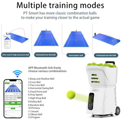 Tennis Ball Machine PT-Smart, 100+ Ball Capacity,Remote-Controlled/APP, Adjustable Speed & 12 Fixed Modes, Portable Training Equipment for Enthusiasts, Pros & Beginners - color: White