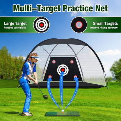 MoKo Golf Net with Practice Mat, Golf Hitting Net for Outdoor Indoor Backyard Driving Chipping Swing Training, All-in-One Multi-Target Training Aid Practice Nets with Tri-Turf Mat