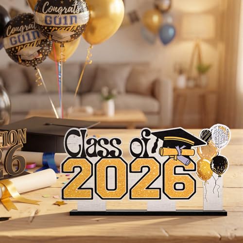 Smile 2026 Graduation Wooden Standing Decor Set, 2-Piece Class of 2026 Balloon Bouquet Tiered Tray Tabletop Signs with Stands for Graduation Party Decorations - style: Letter 2026