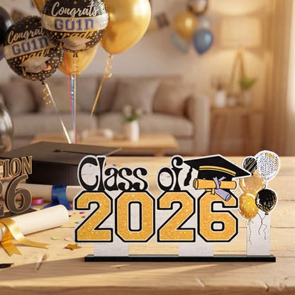 Smile 2026 Graduation Wooden Standing Decor Set, 2-Piece Class of 2026 Balloon Bouquet Tiered Tray Tabletop Signs with Stands for Graduation Party Decorations - style: Letter 2026