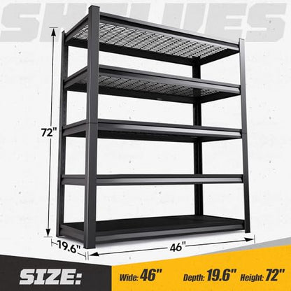 Garage Shelving, 2000LBS Garage Storage Shelves, 5-Tier Heavy Duty Shelves, Utility Adjustable Metal Shelving Unit, 72" H x 46" W x 19.6" D Storage Shelf for Warehouse, Basement, Closet - size: 72" H x 46" W x 19.6" D