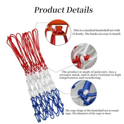 2 Pack Heavy Duty Basketball Net Replacement,2025 Upgrade Heavy Duty Basketball Net, All Weather Anti Whip,12 Loops Fits Standard Indoor or Outdoor Rims - color: White&Red&Blue+White&Red&Blue
