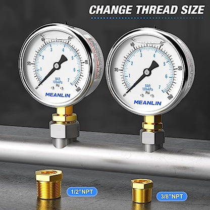 0~100Psi Stainless Steel 1/4" NPT 2.5" FACE DIAL Liquid Filled Pressure Gauge WOG Water Oil Air Lower Mount, with 1/2" NPT and 3/8" NPT Hex Bushing