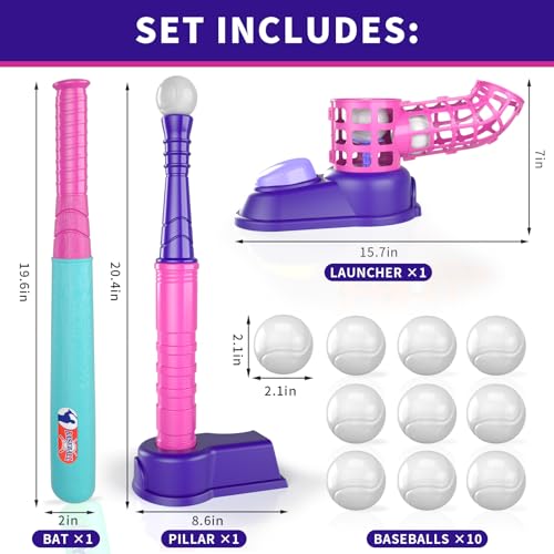 Bennol T Ball Set Toys for Kids 3-5 5-8, Kids Baseball Tee for Boys Toddlers, Auto Ball Launcher, Indoor Outdoor Outside Sports Tee Ball Set Toys Gifts for 3 4 5 6 Year Old Boys Toddler Kids