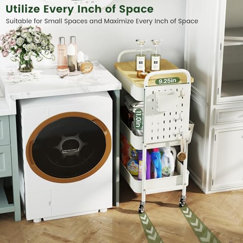 danpinera Rolling Utility Cart with Drawer, 3 Tier Rolling Cart with Wheels, Hooks & Hanging Cups, Craft Cart Art Cart Snack Cart Rolling Storage Cart with Wooden Table Top & DIY Pegboards, White - color: White, size: with pegboards