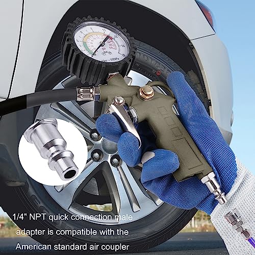 Tire Inflator with Pressure Gauge, 0-220PSI Dial Wheel Air Tire Pressure Gauge, Heavy Duty Rubber Hose with Quick Coupler, Air Compressor Tire Inflator Attachment for Cars Motorcycle Bike