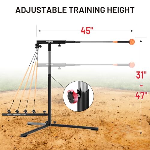 Baseball Softball Swing Trainer with Tripod Base, Adjustable Height Batting Trainer for Solo Hitting Practice, Auto-Return Trainer with 4 Elastic Ropes, Ground Pegs & Carry Bag