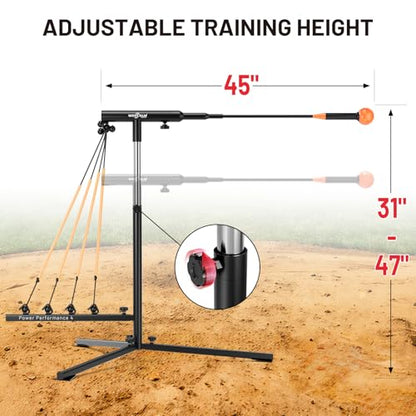 Baseball Softball Swing Trainer with Tripod Base, Adjustable Height Batting Trainer for Solo Hitting Practice, Auto-Return Trainer with 4 Elastic Ropes, Ground Pegs & Carry Bag