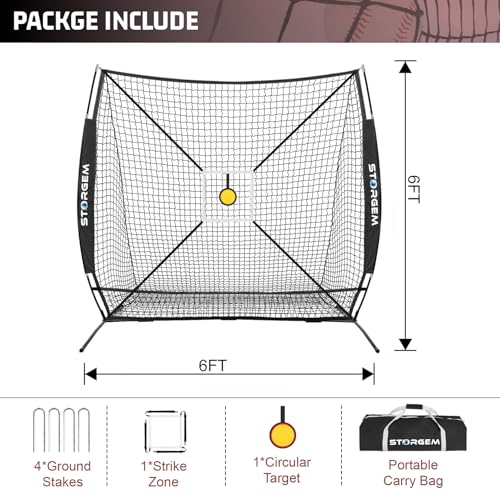 Storgem 6'X6' Baseball Softball Practice Net, Portable Baseball Net for Batting, Hitting, Pitching and Fielding, with Carry Bag, Strike Zone and Bow Frame, Great for Kids Adult Youth