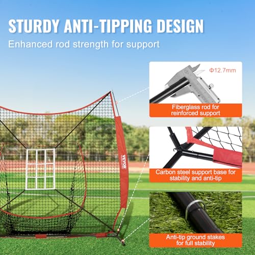 VEVOR Softball Practice Net, Portable Baseball Training Net for Hitting, Batting, Catching, Pitching - Backstop Equipment with Bow Frame, Carry Bag, Strike Zone, Batting Tee