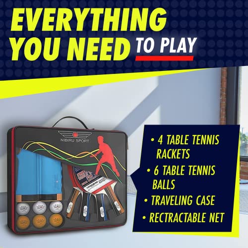 NIBIRU SPORT Professional Ping Pong Paddle Sets - 2 Player or 4 Player Table Tennis Paddles, Retractable Net, Pingpong Balls and Carry Bag Storage Case - Table Tennis Equipment & Ping Pong Accessories - style: 4 Paddles+6 Balls+Net