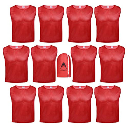 Athllete 12 pcs Duramesh Pinnies/Scrimmage Vest - Kids Youth and Adult Pinnies, Numbered Penny Jerseys for Soccer - color: Red (Set of 12), size: Small