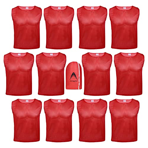 Athllete 12 pcs Duramesh Pinnies/Scrimmage Vest - Kids Youth and Adult Pinnies, Numbered Penny Jerseys for Soccer - color: Red (Set of 12), size: Large