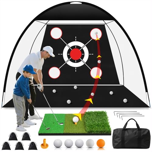 Golf Net 10x7FT with Tri-Turf Mat, Ball, Target & Bag, All-in-One Golf Practice Hitting Net for Backyard Driving, Chipping & Swing, Indoor Outdoor Training Aid, Gift for Men Dad Him Golfer