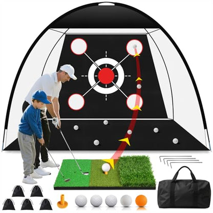 Golf Net 10x7FT with Tri-Turf Mat, Ball, Target & Bag, All-in-One Golf Practice Hitting Net for Backyard Driving, Chipping & Swing, Indoor Outdoor Training Aid, Gift for Men Dad Him Golfer