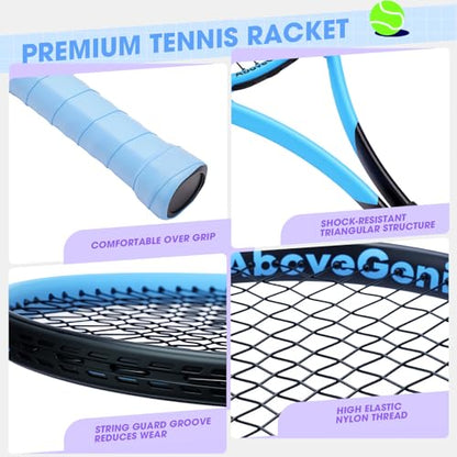 AboveGenius Neon Tennis Rackets 2 Pack for Adults- 27" Lightweight Aluminum Tennis Racquet Set with 3 Balls & Bag- Vibrant High-Visibility Matte Finish for Men Women Beginners - color: Pink/Blue