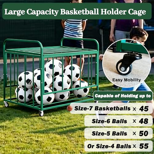 Ball Storage Cart, Basketball or Volleyball Storage Bin with Wheels, Durable Rolling Exercise Ball Cart Holder, Basketball Holder Cage for Indoor and Outdoor, Gym, School, Club - size: ‎Hold 45 Balls-7 43.3 in*25.6 in*27.6"