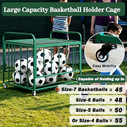 Ball Storage Cart, Basketball or Volleyball Storage Bin with Wheels, Durable Rolling Exercise Ball Cart Holder, Basketball Holder Cage for Indoor and Outdoor, Gym, School, Club - size: ‎Hold 45 Balls-7 43.3 in*25.6 in*27.6"