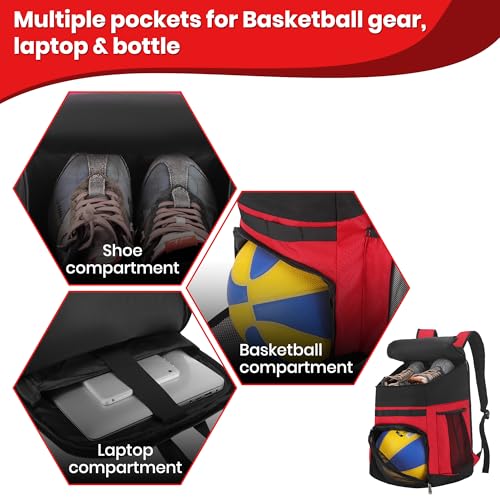 Hsmihair Basketball Backpack Large Sports Bag for Men&Youth,Gym Bag with Separate Ball & Shoes Compartment,Travel Bag for Basketball,Soccer,Volleyball - color: Red