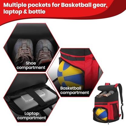 Hsmihair Basketball Backpack Large Sports Bag for Men&Youth,Gym Bag with Separate Ball & Shoes Compartment,Travel Bag for Basketball,Soccer,Volleyball - color: Red