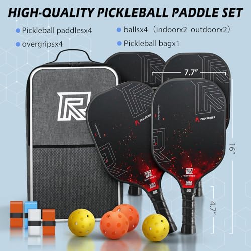 USAPA Approved Pickleball Paddles Set of 4 - T-300 Carbon Fiber Hybrid for Soft Touch & Control - Quiet Lightweight Core - Complete Starter Kit with Bag & Balls for Family & Beginners