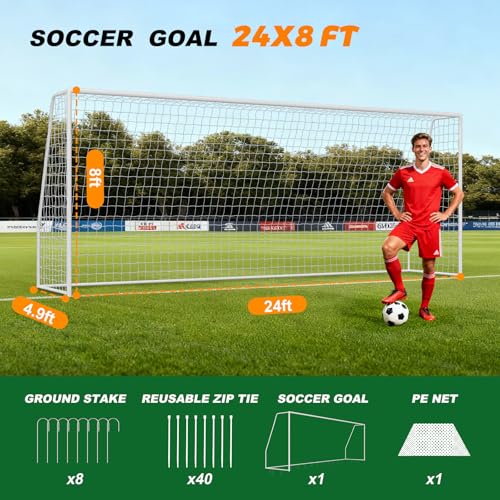 NAIZEA Soccer Goals - 24x8/21x7/18x7/12x6/16x7/10x6/8x6/6x4FT Soccer Goals for Backyard Training- Portable Metal Soccer Net for Youth & Adults - Heavy Duty Steel for Indoor Outdoor Games & Practice - size: 24ft x 8ft, style: Trainer-White/Steel