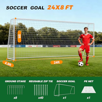 NAIZEA Soccer Goals - 24x8/21x7/18x7/12x6/16x7/10x6/8x6/6x4FT Soccer Goals for Backyard Training- Portable Metal Soccer Net for Youth & Adults - Heavy Duty Steel for Indoor Outdoor Games & Practice - size: 24ft x 8ft, style: Trainer-White/Steel