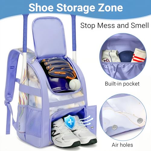 Youth Baseball Bag - Softball Bag for Girls & Boys with Shoes Compartment, Bat Backpack for Baseball, T-Ball & Softball Equipment - color: Marbled-Gray Purple