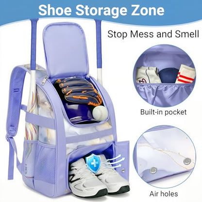 Youth Baseball Bag - Softball Bag for Girls & Boys with Shoes Compartment, Bat Backpack for Baseball, T-Ball & Softball Equipment - color: Marbled-Gray Purple