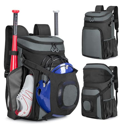 Smasrob Baseball Bag for Adult and Youth, Baseball Backpack Softball Bag with Helmet Holder, Shoe Compartment and Fence Hook - color: Gray
