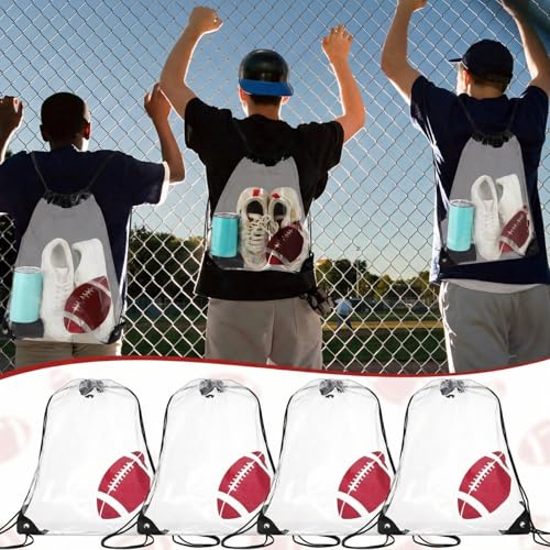 Cholemy 12 Pcs Clear Football Drawstring Bags Drawstring Backpack 17 x 13 Inch Football Gift Bags Goodie Bags Party Favor Bags Waterproof Plastic Sports Gym Bags for Football Sports Events Stadium - style: Football Style