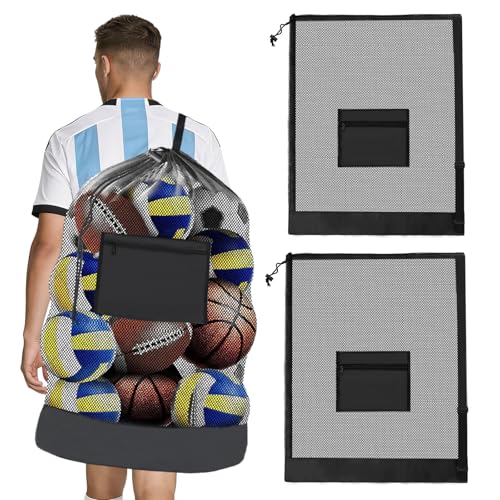HEIFAM 2 Pack Soccer Ball Bag 40"X 30", Drawstring Mesh Ball Bag for Coaches, Extra Large Sport Ball Sack for Basketballs Volleyballs Soccers, Sports Storage Organizer for Beach Gym, Swimming Gear