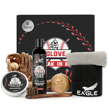 Eagle Glove Break in Kit - Glove Oil (8.45oz), Conditioner (3.38oz), Wrap, Mallet, Applicator & Cloth, 6-Pieces Set for Baseball Gloves, Softball Gloves