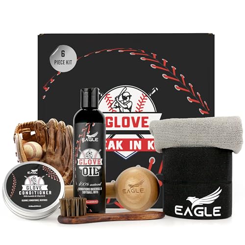 Eagle Glove Break in Kit - Glove Oil (8.45oz), Conditioner (3.38oz), Wrap, Mallet, Applicator & Cloth, 6-Pieces Set for Baseball Gloves, Softball Gloves