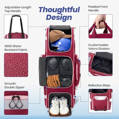 81L Rolling Baseball Bag with Wheels, Softball Catchers Gear Bags for 4 Bats (Fits Up To 34"), Separate Shoe Compartment, Safety Reflective Strip, Fence Hook, Foldable T-Bag for Youth & Adult - color: Dark Red