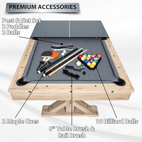 7 FT 3 in 1 Multi Game Pool Table with Dining Top Ping Pong Table Combo, Includes Pool Table Accessories and Tennis Paddles.