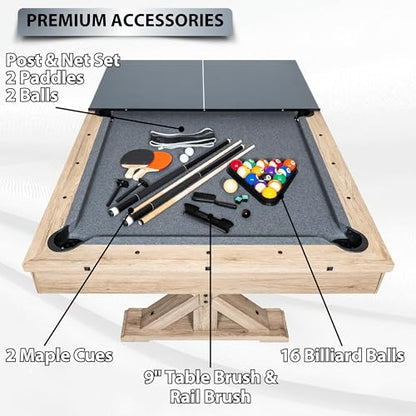 7 FT 3 in 1 Multi Game Pool Table with Dining Top Ping Pong Table Combo, Includes Pool Table Accessories and Tennis Paddles.