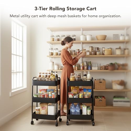Displays By Jack 3-Tier Rolling Storage Cart, Metal Utility Organizer on Wheels – Deep Mesh Baskets for Kitchen, Pantry, Laundry, Bathroom, Home