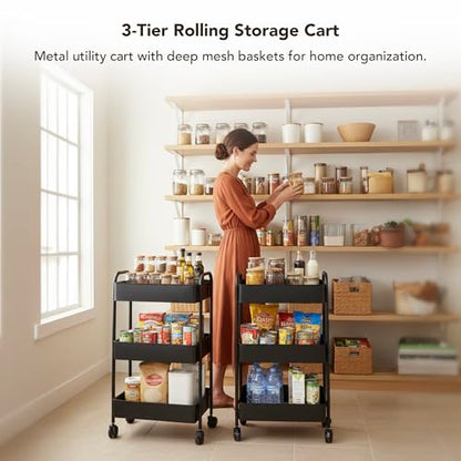 Displays By Jack 3-Tier Rolling Storage Cart, Metal Utility Organizer on Wheels – Deep Mesh Baskets for Kitchen, Pantry, Laundry, Bathroom, Home