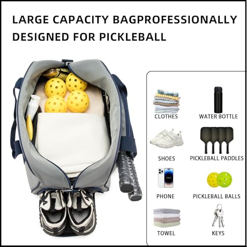 ROYALFAIR Pickleball Tote Bag for Women Men Large Capacity with Paddle Cover Pocket Internal Shoe Pocket and Adjustable Shoulder strap - color: Grey