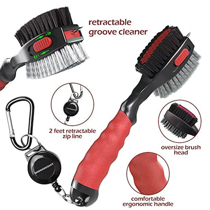 THIODOON 2 Pack Golf Club Brushes and Groove Cleaner 2 ft Retractable Zipline Carabiner Golf Brush Head with Retractable Spike Comfortable Grip Golf Club Cleaner - color: 2pcs Black & Red