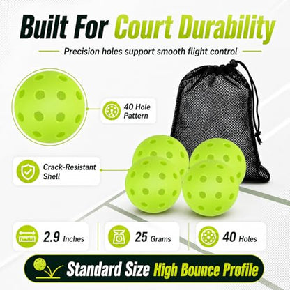 4 Pack of Outdoor/Indoor Pickleball Balls | Crack-Resistant 40 Holes Outdoor Pickleball Balls with Storage Bag | Perfectly Balanced High Bounce - Pickle Ball for Training & Tournament Play (Green)